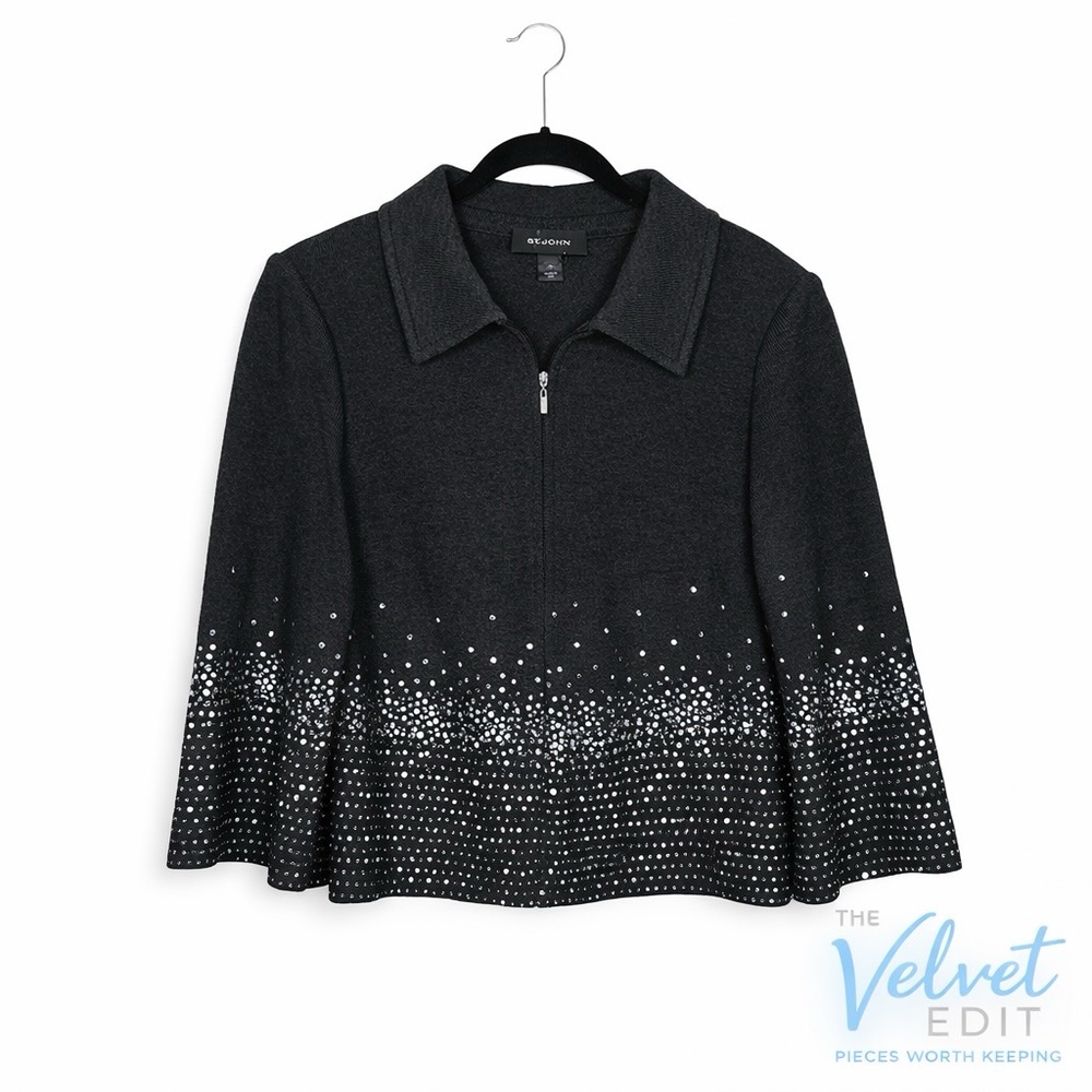St. John Sport Charcoal Grey/Black Knit Zip Jacket Rhinestone Hem Size 12